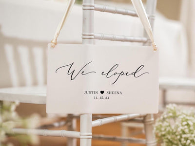 Wedding Hanging Acrylic Sign with Ribbon (Design 5) - 11.5x7" Sign, Signage for Wedding Elopement Photo Prop, Marriage Announcement
