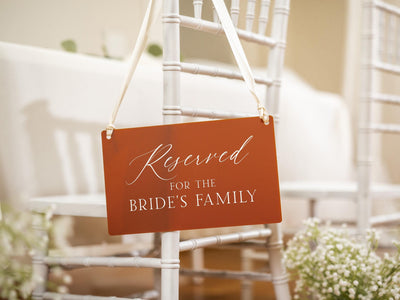 Reserved Hanging Acrylic Sign with Ribbon (D8) - 11.5x7" Reserved Seat Sign for the Bride's Family, Wedding Ceremony Reception Chair Sign