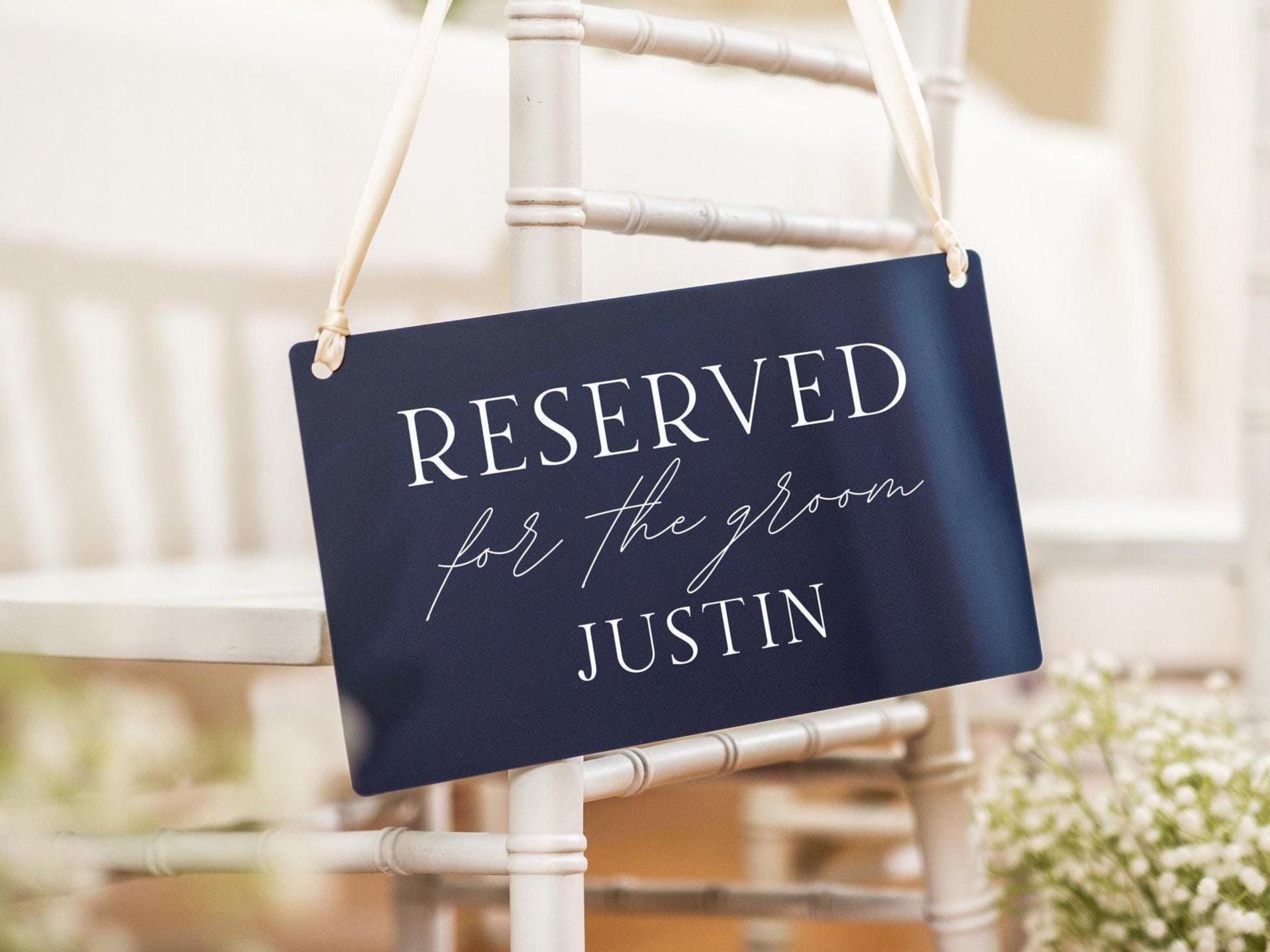 Reserved Hanging Acrylic Sign with Ribbon (D7) - 11.5x7" Reserved Seat Sign for the Groom with Name, Wedding Ceremony Reception Chair Sign