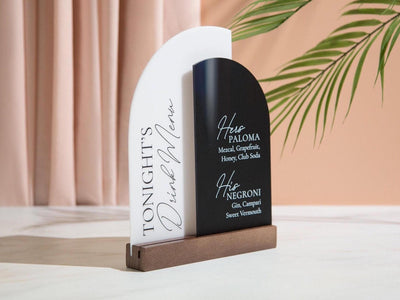Half Arch Double Acrylic Sign w/ Walnut Wood Base - Dessert Bar for Weddings Birthdays Events, Personalized Show Menu, Custom Party Signage