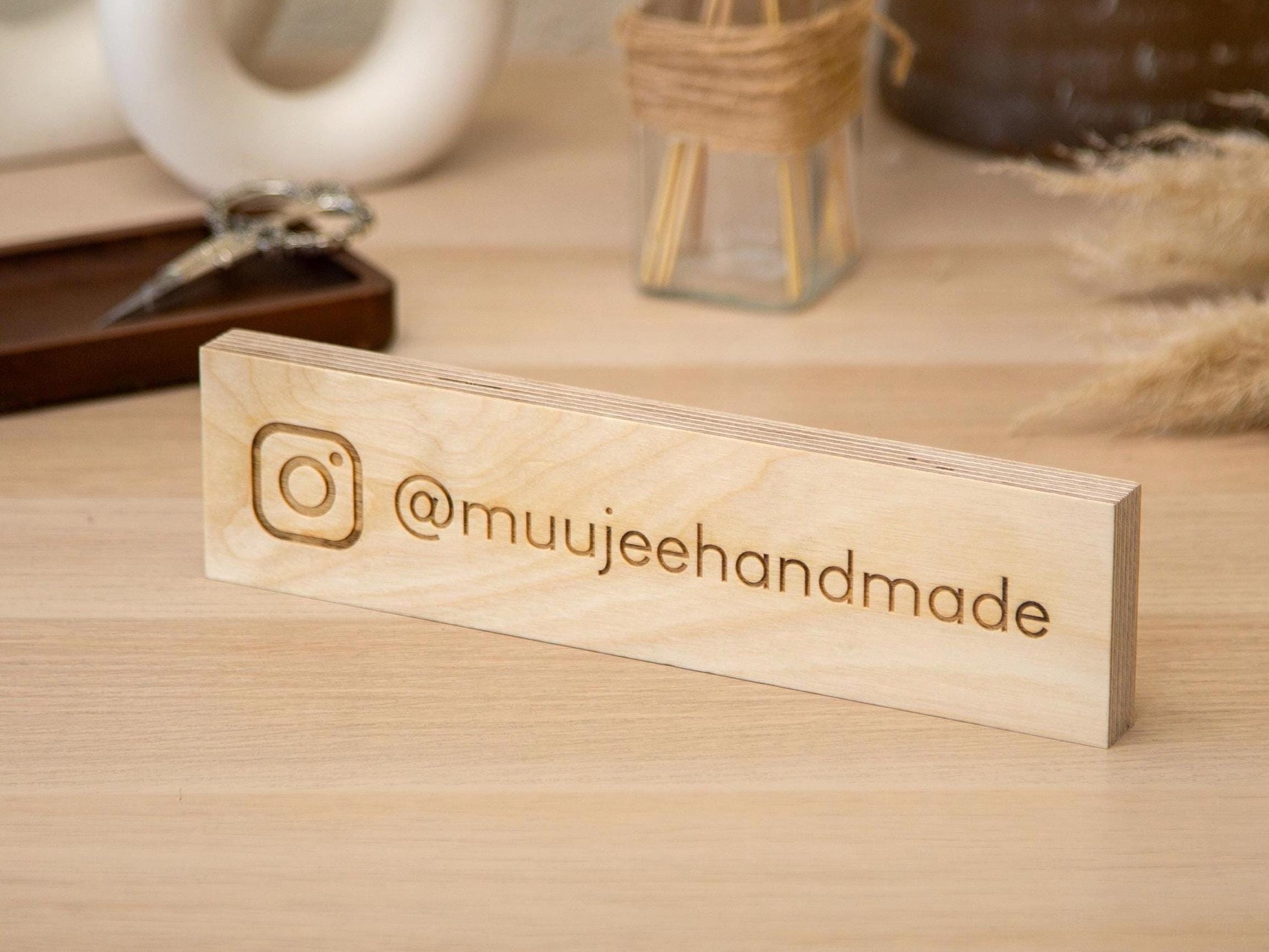 Plywood Social Media Sign - Custom Hashtag Tabletop Display, Username Tag, Minimalist Business Signage for Instagram & Facebook