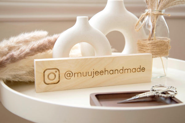 Plywood Social Media Sign - Custom Hashtag Tabletop Display, Username Tag, Minimalist Business Signage for Instagram & Facebook