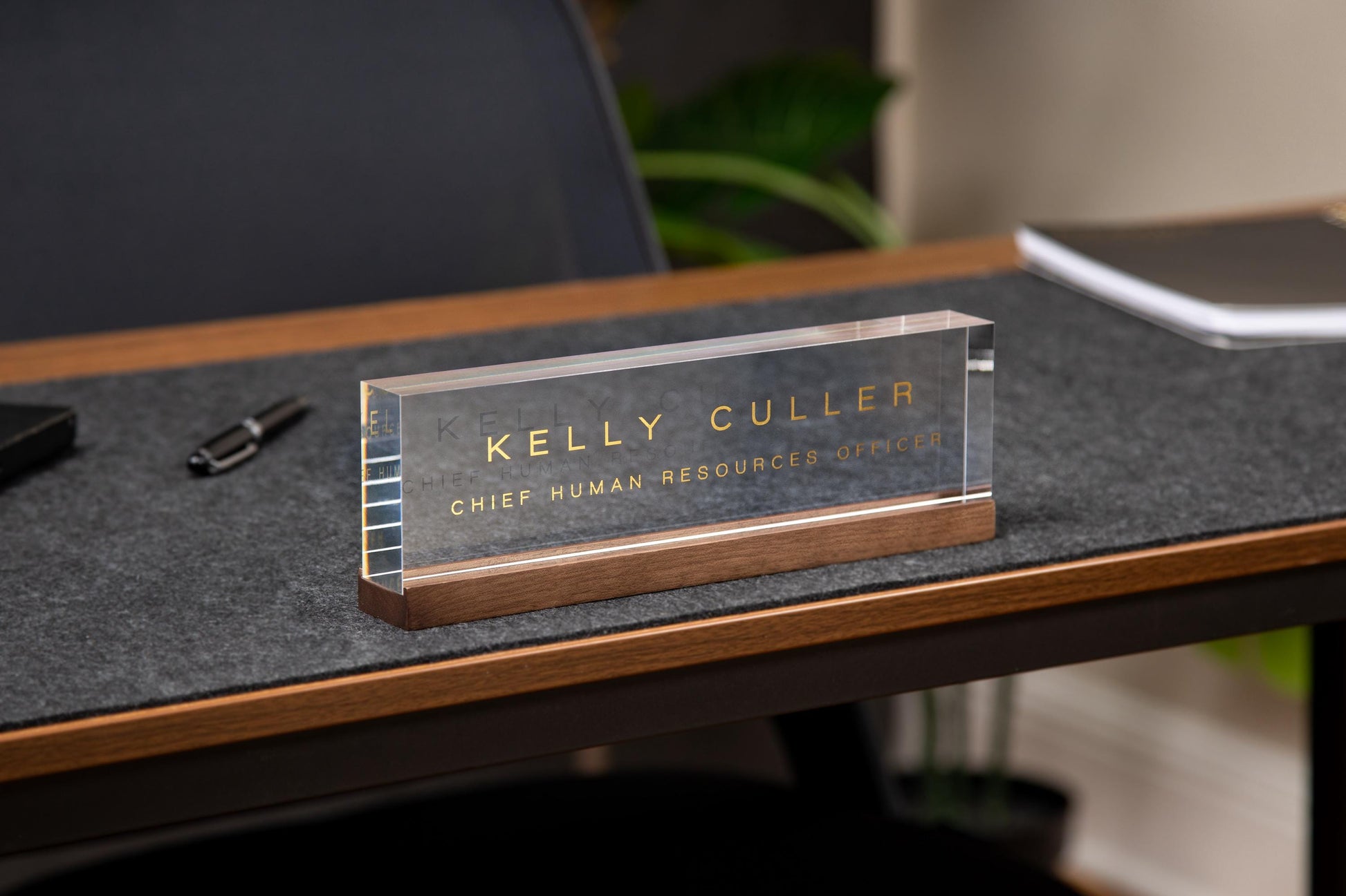 Personalized Foil Acrylic Name Block w/ Optional Wood Base - Minimal Executive Desk CEO Sign, Job Office Teacher or Promotion Gift