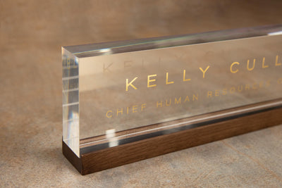 Personalized Foil Acrylic Name Block w/ Optional Wood Base - Minimal Executive Desk CEO Sign, Job Office Teacher or Promotion Gift