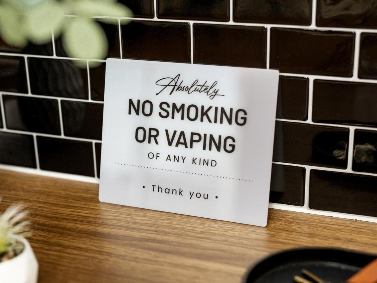 No Smoking Courtesy Acrylic Sign - 6.5 x 7.75" Sign for Vacation Rentals Airbnb VRBO Hotels Lobbies Restaurants Businesses in Various Colors