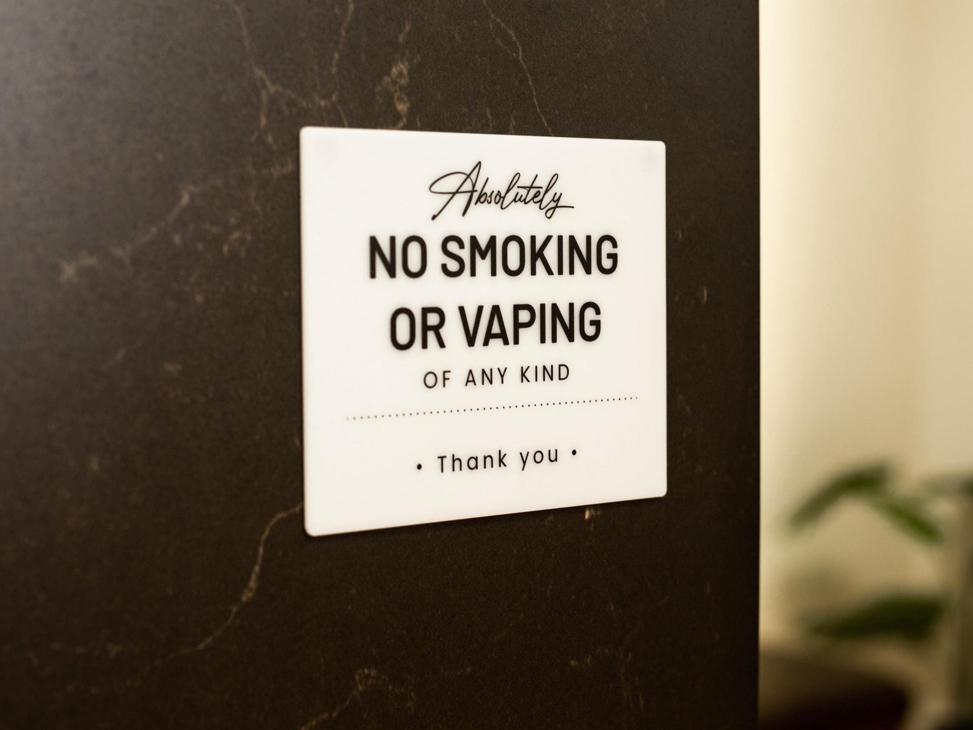 No Smoking Courtesy Acrylic Sign - 6.5 x 7.75" Sign for Vacation Rentals Airbnb VRBO Hotels Lobbies Restaurants Businesses in Various Colors