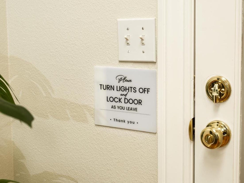 Turn Lights Off Acrylic Sign- 6.5 x 7.75" Sign for Vacation Rentals Airbnb VRBO Hotels Lobbies Restaurants Businesses Lock Doors End of Day