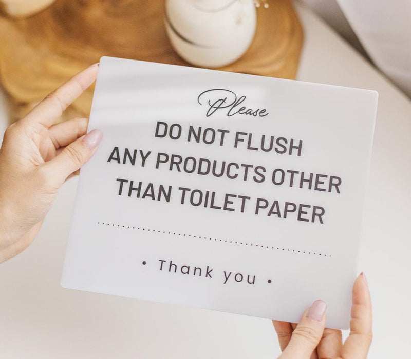 Do Not Flush Products Down Toilet Acrylic Courtesy Sign - 6.5 x 7.75" Bathroom Sign for Vacation Rentals Airbnb Businesses Restaurants Cafes