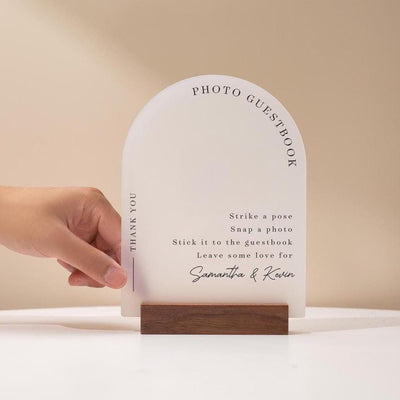 Arch Acrylic Sign w/ Base (D1) - Please Sign Our Photo Guestbook Table Decor Signage, Polaroid Photobooth Display, Wood or Acrylic Stand