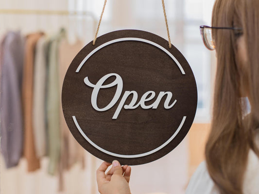 Open Closed Wood Hanging Sign (Design 2) - Double Sided Small Business Sign For Hair Salon Spa Window Indoor Outdoor Signage w/ White Rope