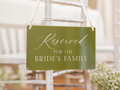 Reserved Hanging Acrylic Sign with Ribbon (D8) - 11.5x7" Reserved Seat Sign for the Bride's Family, Wedding Ceremony Reception Chair Sign