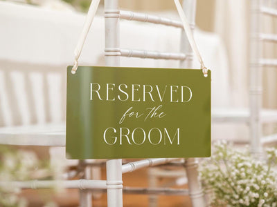 Reserved Hanging Acrylic Sign with Ribbon (D6) - 11.5x7" Reserved Seat Sign for the Groom, Modern Wedding Ceremony Reception Chair Sign