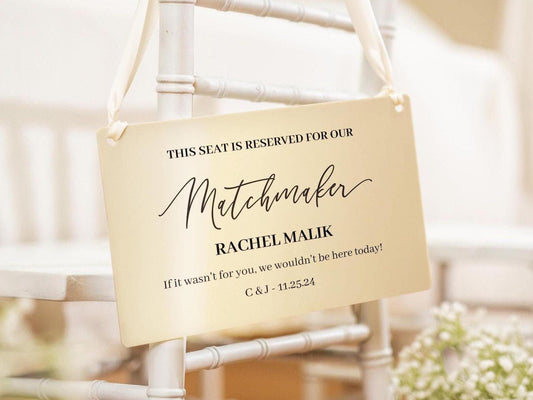 Wedding Hanging Acrylic Sign with Ribbon (Design 2) - 11.5x7" Sign, Signage for Wedding Chair Aisle Table, Matchmaker Sign