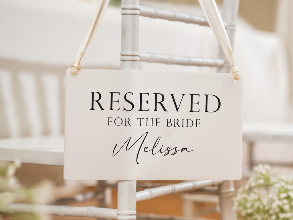 Reserved Hanging Acrylic Sign with Ribbon (D5) - 11.5x7" Reserved Seat Sign for the Bride with Name, Wedding Ceremony Reception Chair Sign