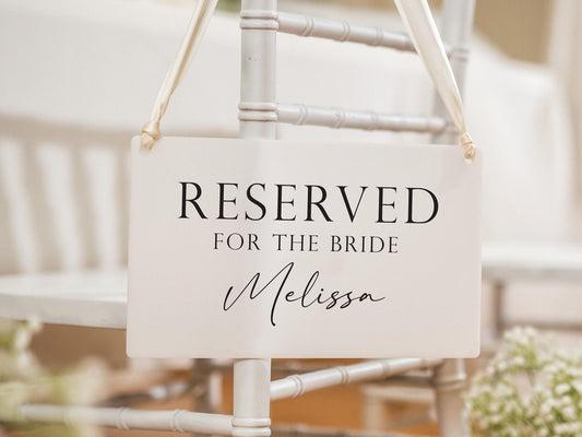 Reserved Hanging Acrylic Sign with Ribbon (D5) - 11.5x7" Reserved Seat Sign for the Bride with Name, Wedding Ceremony Reception Chair Sign