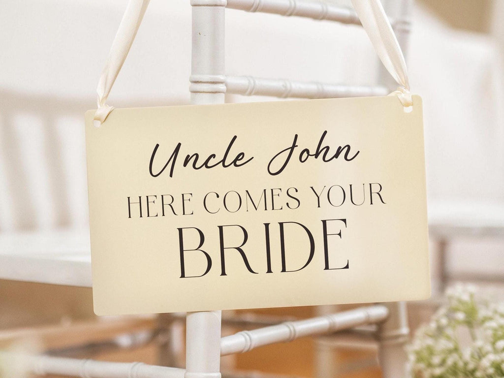 Wedding Hanging Acrylic Sign with Ribbon (Design 3) - 11.5x7" Sign, Here Comes The Bride Sign, Ring Bearer Flower Girl Sign, Wedding Props