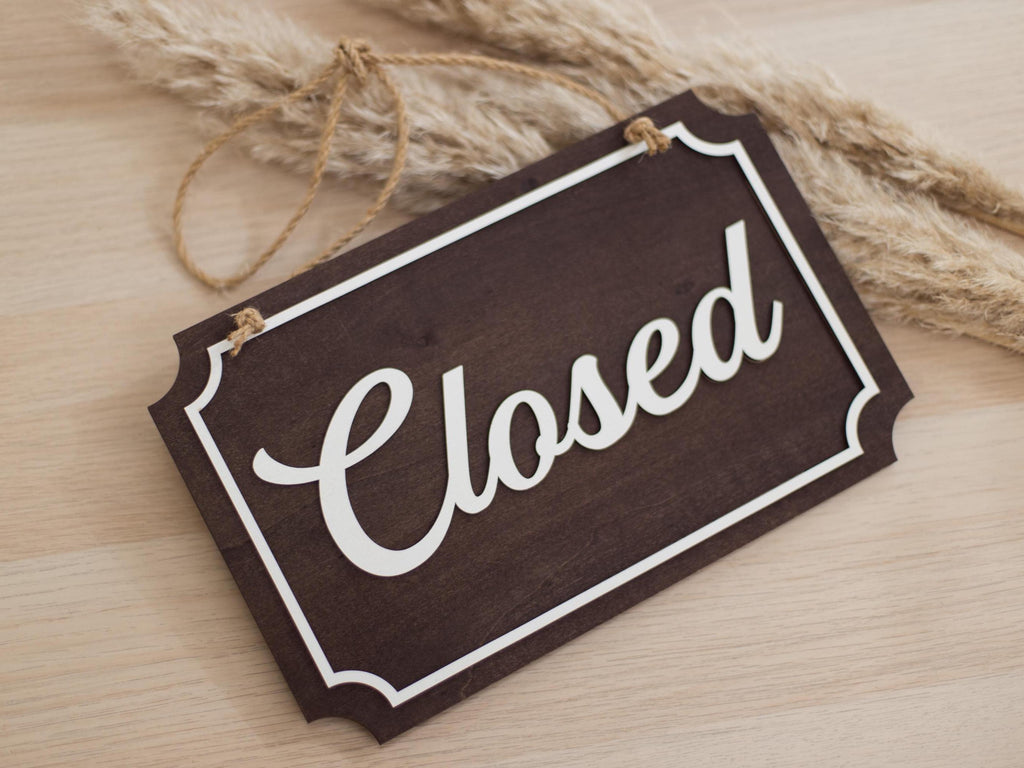 Open Closed Wood Hanging Sign (Design 3) - Double Sided Business Storefront Signage for Restaurants Retail Store Mom Pop Vintage Boutique