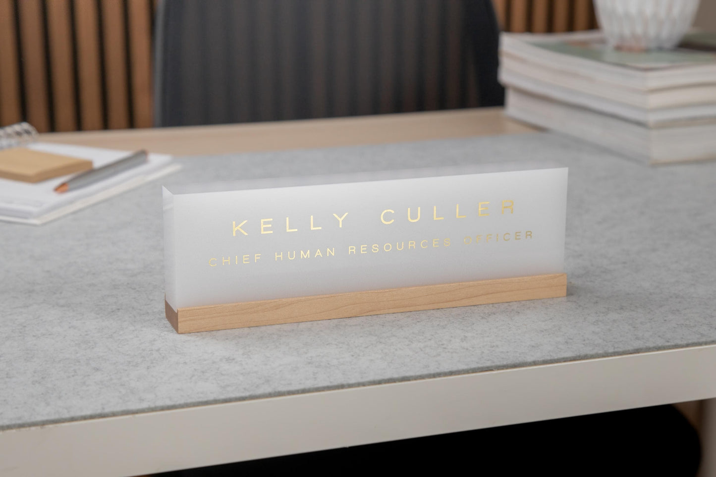 Personalized Foil Acrylic Name Block w/ Optional Wood Base - Minimal Executive Desk CEO Sign, Job Office Teacher or Promotion Gift
