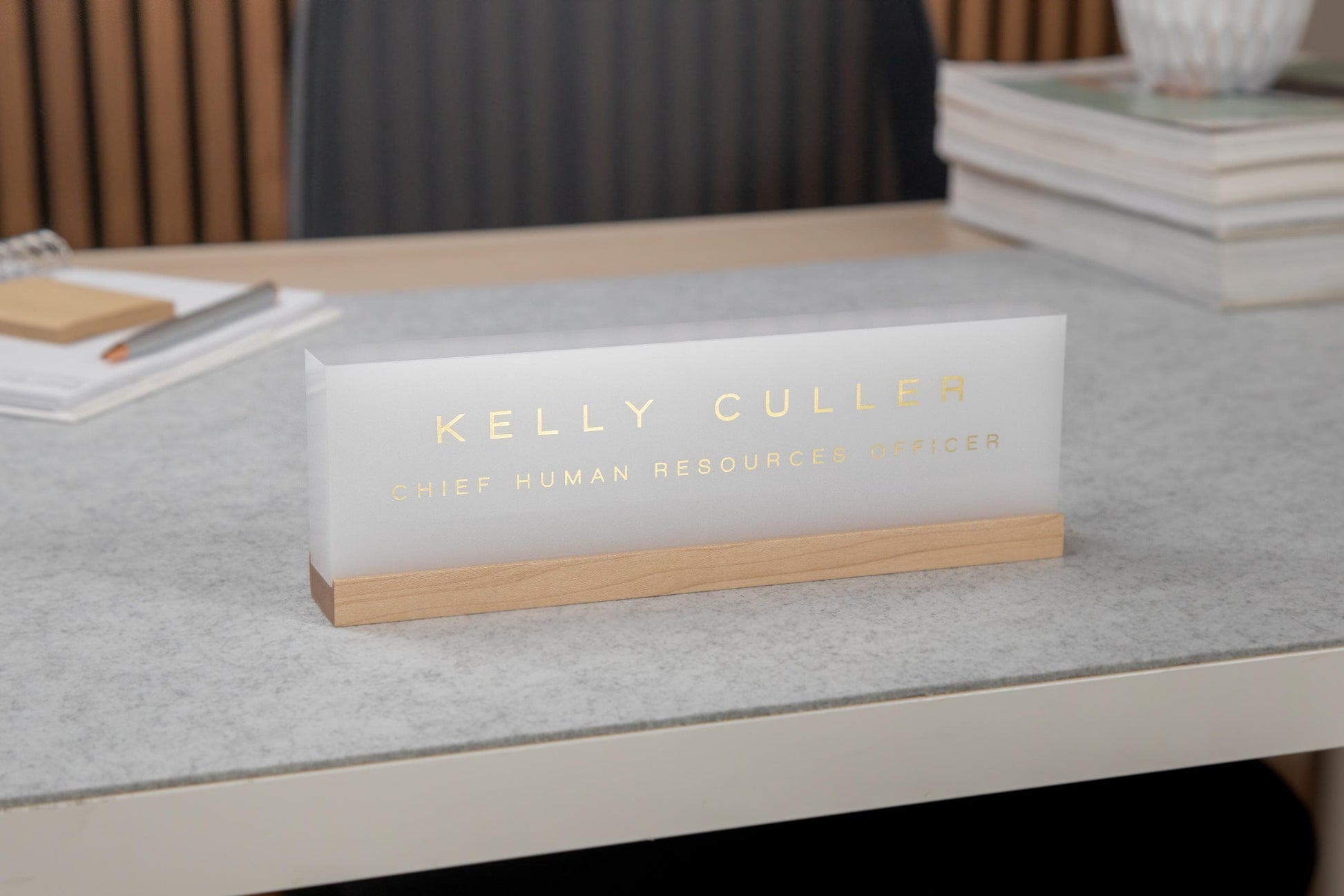 Personalized Foil Acrylic Name Block w/ Optional Wood Base - Minimal Executive Desk CEO Sign, Job Office Teacher or Promotion Gift