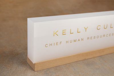 Personalized Foil Acrylic Name Block w/ Optional Wood Base - Minimal Executive Desk CEO Sign, Job Office Teacher or Promotion Gift
