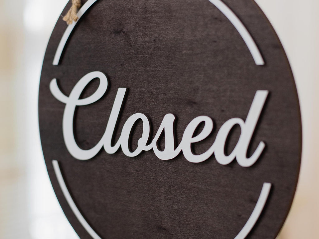 Open Closed Wood Hanging Sign (Design 2) - Double Sided Small Business Sign For Hair Salon Spa Window Indoor Outdoor Signage w/ White Rope