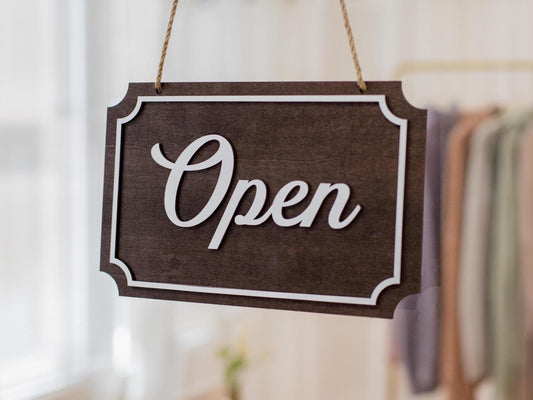Open Closed Wood Hanging Sign (Design 3) - Double Sided Business Storefront Signage for Restaurants Retail Store Mom Pop Vintage Boutique