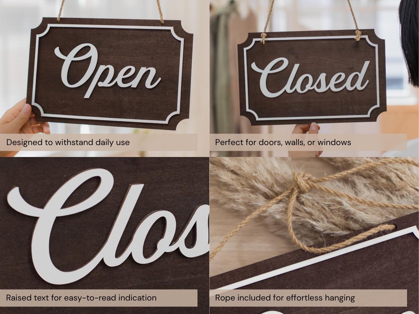 Open Closed Wood Hanging Sign (Design 3) - Double Sided Business Storefront Signage for Restaurants Retail Store Mom Pop Vintage Boutique