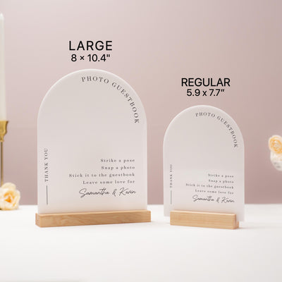 Arch Acrylic Sign w/ Base (D1) - Please Sign Our Photo Guestbook Table Decor Signage, Polaroid Photobooth, Wood or Acrylic Stand 6x7.5"