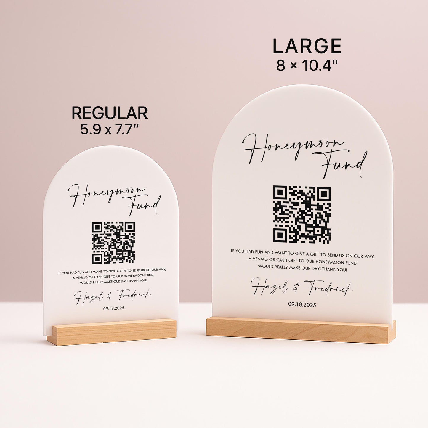 Honeymoon Fund QR Arch Acrylic Sign w/ Base (D2) - Scannable QR Code Venmo Zola Cashapp Donation Gift Wedding Reception Party