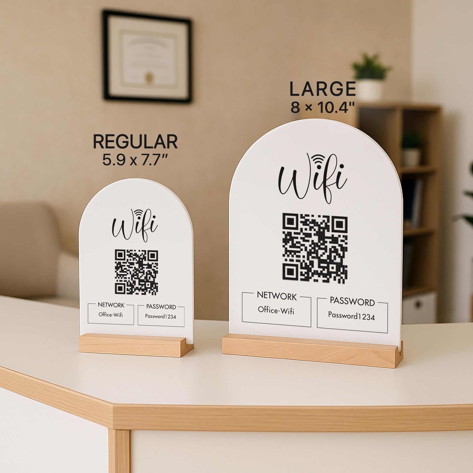 QR Code Wifi Acrylic Sign w/ Base (D4) - Scannable Wifi Table Sign Home Airbnb Rental Small Business Office Signage Salon Spa Clinic 6x7.75"