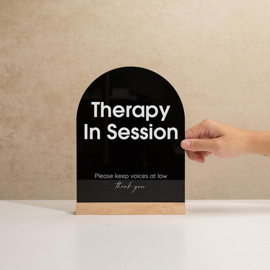 Arch Acrylic Sign w/ Base (D10) - In Session Meeting Display, Custom Signage for Business Clinic Office Retail Shops Trade Craft Show 6x7.5"