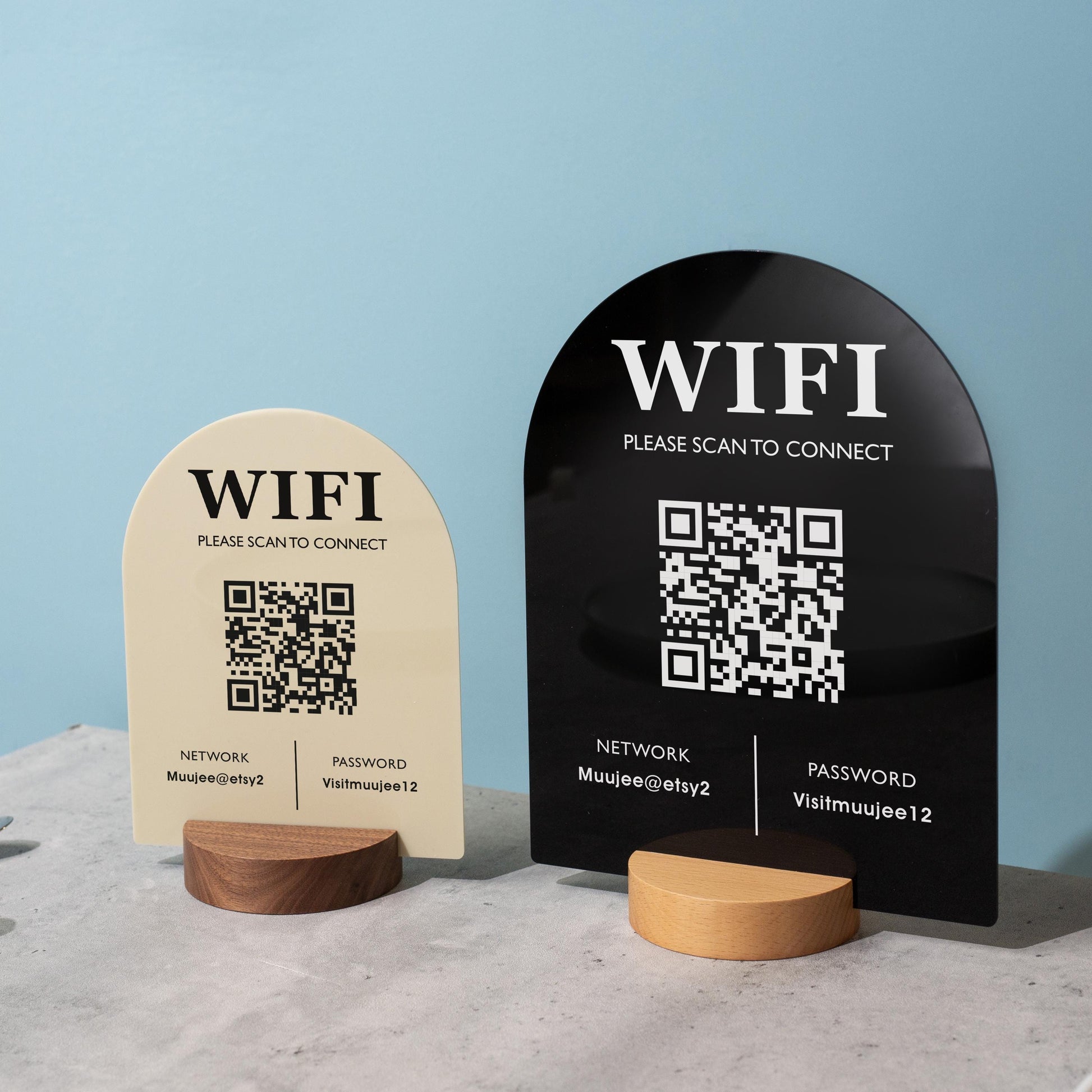 QR Code Wifi Arch Acrylic Sign w/ Round Base (D3) - Scannable Wifi Table Sign Home Airbnb Rental Small Business Office Salon Clinic 6x7.75"