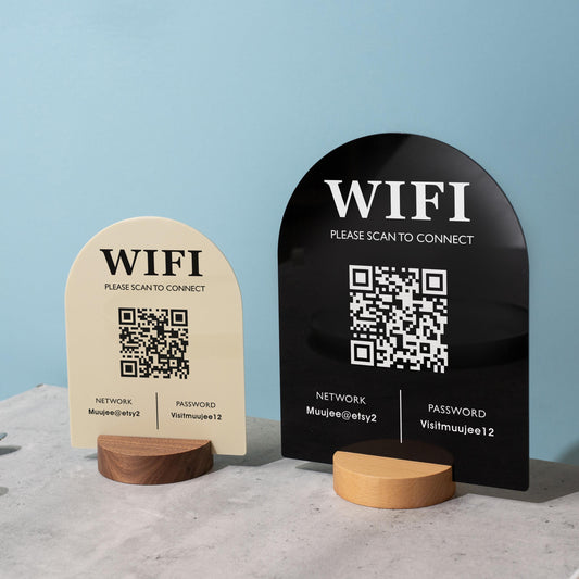 QR Code Wifi Arch Acrylic Sign w/ Round Base (D3) - Scannable Wifi Table Sign Home Airbnb Rental Small Business Office Salon Clinic 6x7.75"