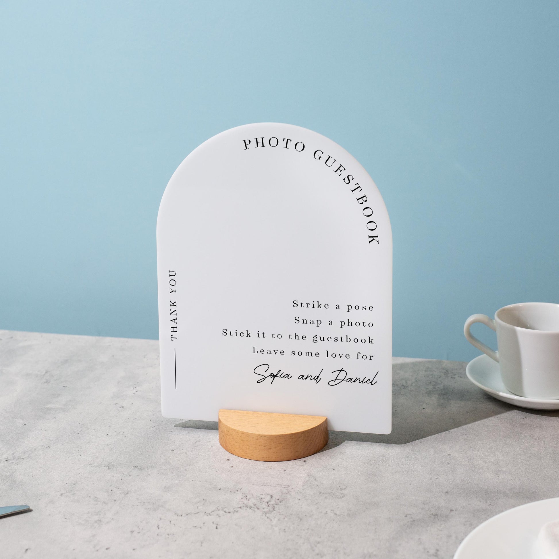 Arch Acrylic Sign w/ Round Base (D1) - Please Sign Our Photo Guestbook Table Decor Signage, Polaroid Photobooth Display Instructions Stand