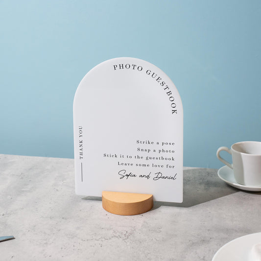 Arch Acrylic Sign w/ Round Base (D1) - Please Sign Our Photo Guestbook Table Decor Signage, Polaroid Photobooth Display Instructions Stand