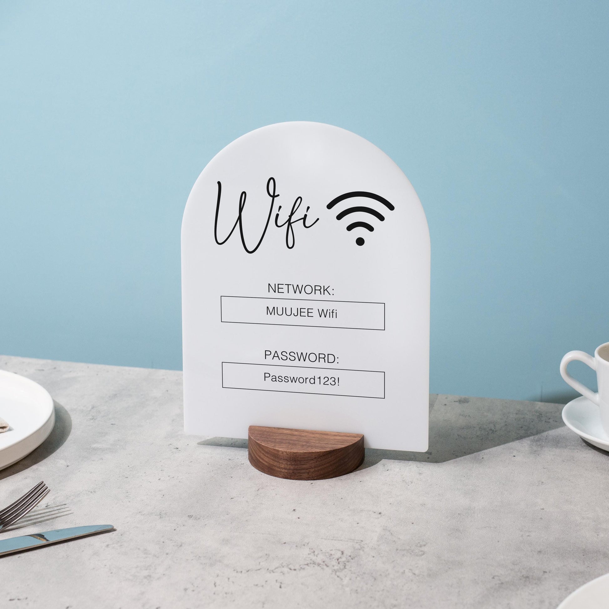 Arch Acrylic Wifi Sign w/ Round Base (D5) - Custom Wifi Password Display Home Office Business Shop Airbnb Rental Decor Visitor Reception