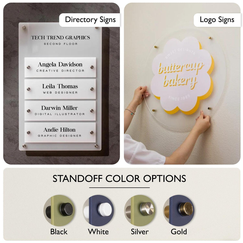4pc Stand-offs for Wall Signs - 4x Set, Hardware Included, Acrylic Sign Replacement, Add-On, Available in Black, White, Silver, or Gold