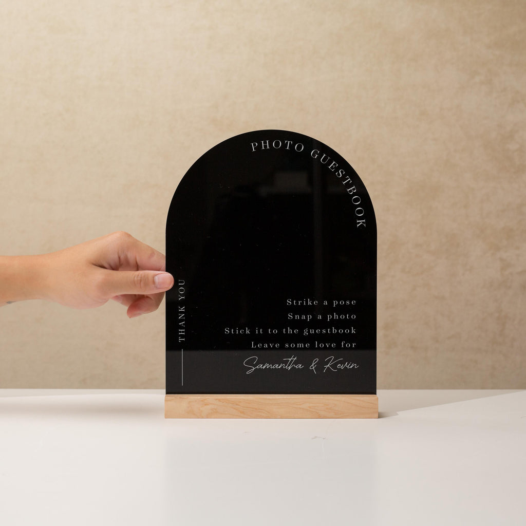 Arch Acrylic Sign w/ Base (D1) - Please Sign Our Photo Guestbook Table Decor Signage, Polaroid Photobooth Display, Wood or Acrylic Stand