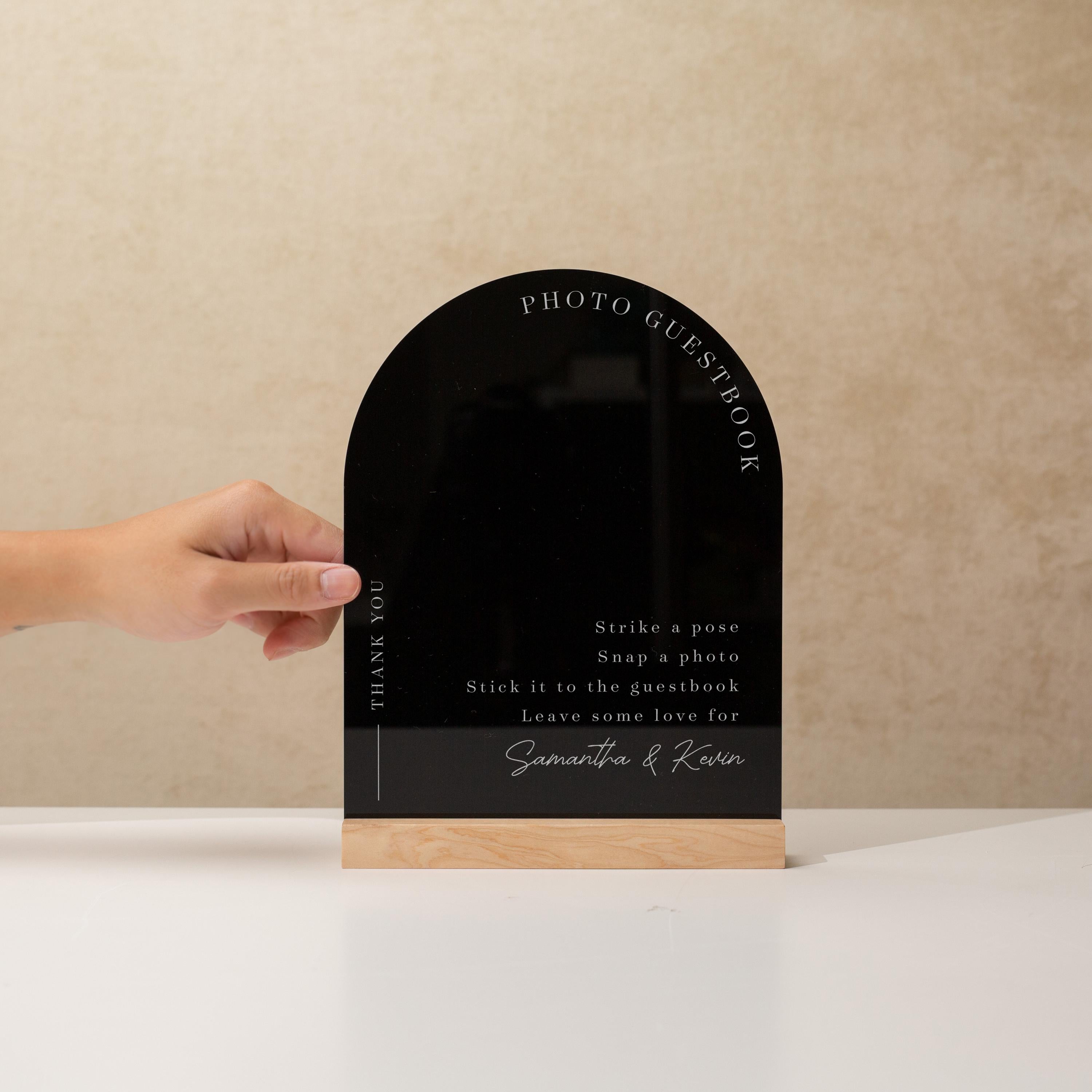 Arch Acrylic Sign w/ Base (D1) - Please Sign Our Photo Guestbook Table Decor Signage, Polaroid Photobooth Display, Wood or Acrylic Stand