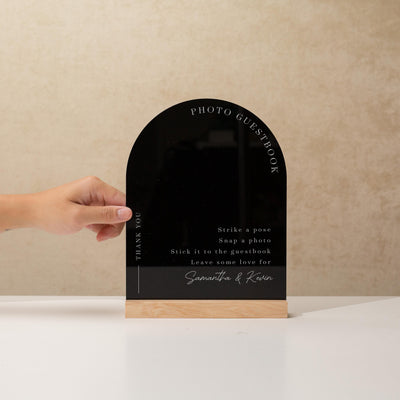 Arch Acrylic Sign w/ Base (D1) - Please Sign Our Photo Guestbook Table Decor Signage, Polaroid Photobooth, Wood or Acrylic Stand 6x7.5"
