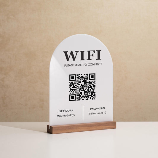 QR Code Wifi Acrylic Sign w/ Base (D3) - Scannable Wifi Table Sign Home Airbnb Rental Small Business Office Signage Salon Spa Clinic 6x7.75"