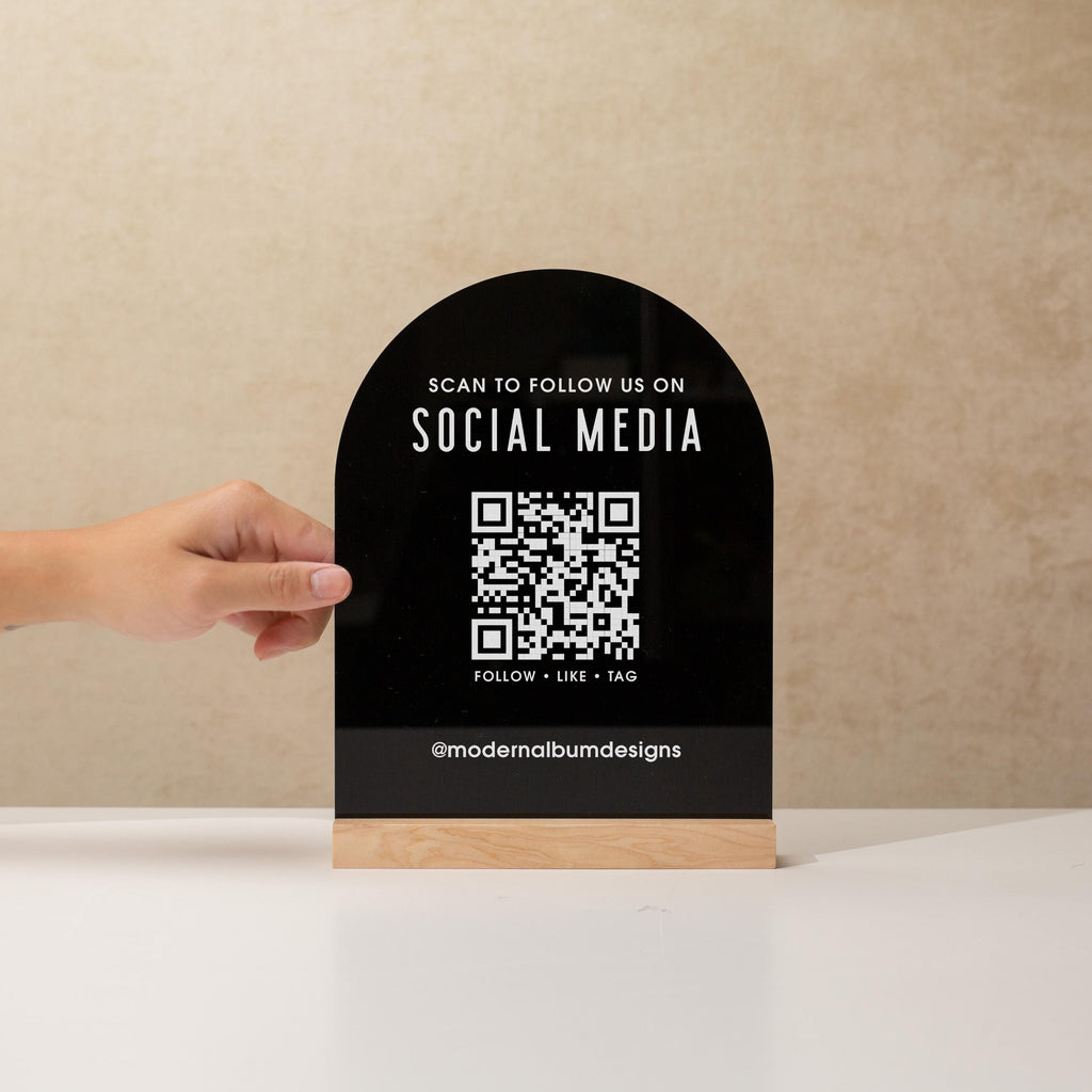 QR Arch Acrylic Sign w/ Base (D6) - Scannable QR Code Social Media Instagram Venmo Cashapp, Scan any Website or Business Payment App Printed