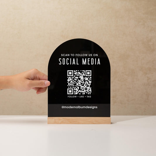 QR Arch Acrylic Sign w/ Base (D6) - Scannable QR Code Social Media Instagram Venmo Cashapp, Scan any Website or Business Payment App Printed