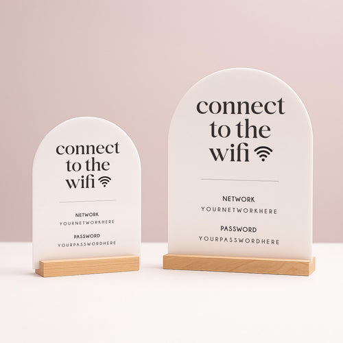 Arch Acrylic Wifi Sign w/ Base (D8) - Custom Wifi Password Display for Home Office Business Shop Airbnb Rental Decor Visitor Login Printed