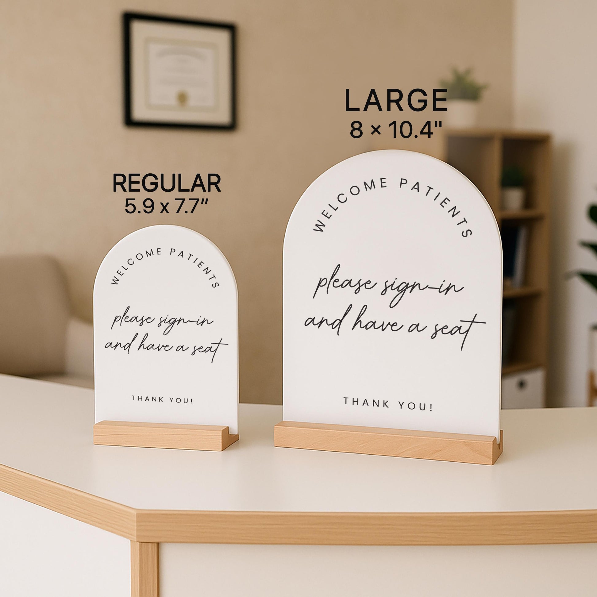 Arch Acrylic Sign w/ Base (D9) - Custom Signage for Business Clinic Office Retail Shops Trade Craft Show Salon, Wood or Acrylic Stand 6x7.5"