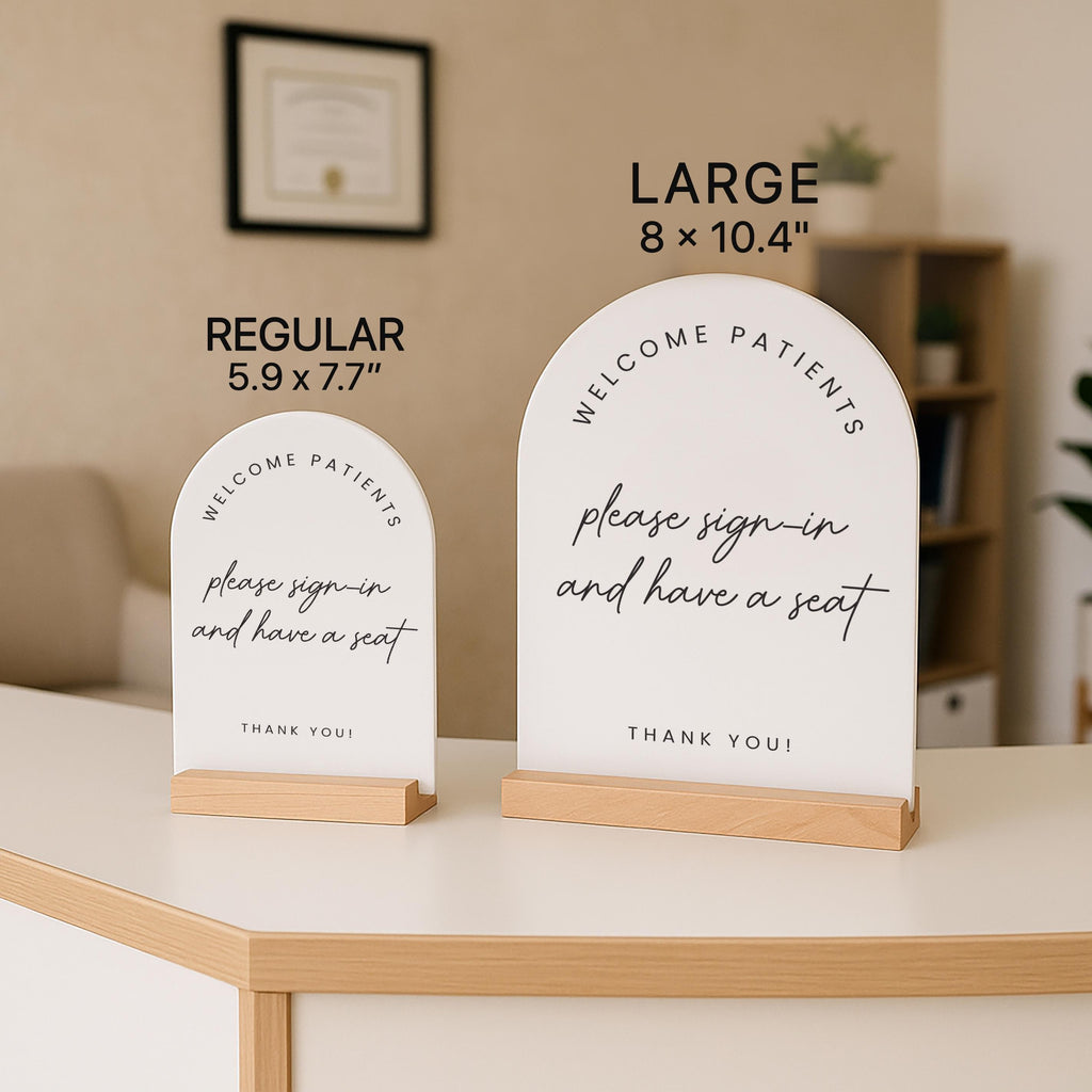 Arch Acrylic Sign w/ Base (D9) - Custom Signage for Business Clinic Office Retail Shops Trade Craft Show Salon, Wood or Acrylic Stand