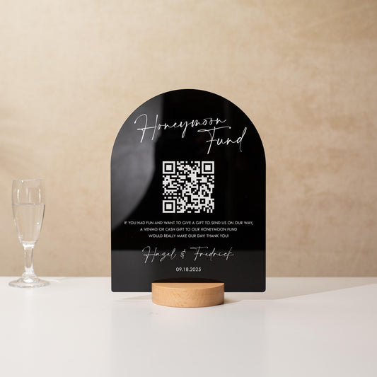 Honeymoon Fund QR Arch Acrylic Sign w/ Round Base (D2) - Scannable QR Code Venmo Zola Cashapp Donation Gifts Decor Wedding Reception Party