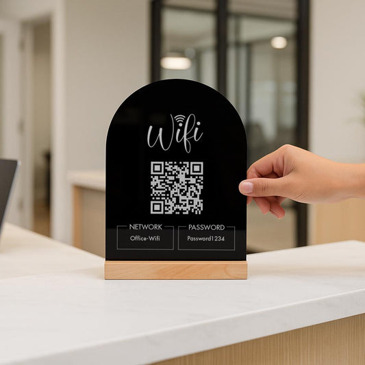 QR Code Wifi Acrylic Sign w/ Base (D4) - Scannable Wifi Table Sign Home Airbnb Rental Small Business Office Signage Salon Spa Clinic 6x7.75"