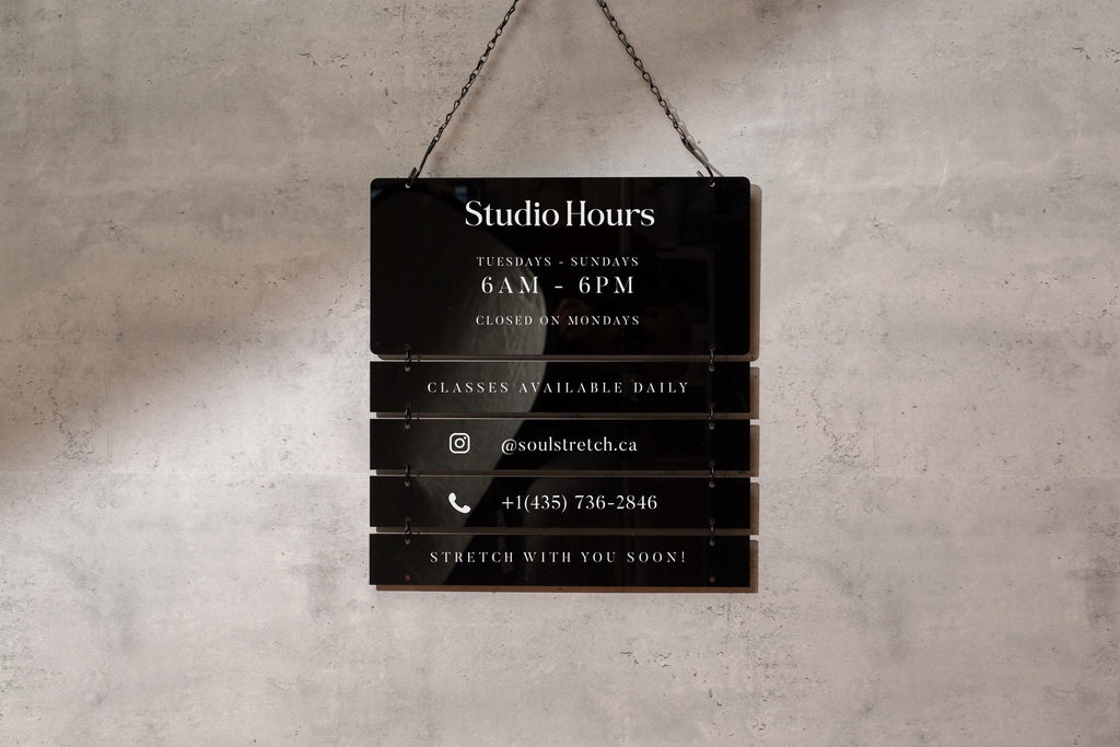 Black Interchangeable Hanging Storefront Sign D2 - Customizable Office Wall Door Building Business Retail Shop Contact Hours Menu Display