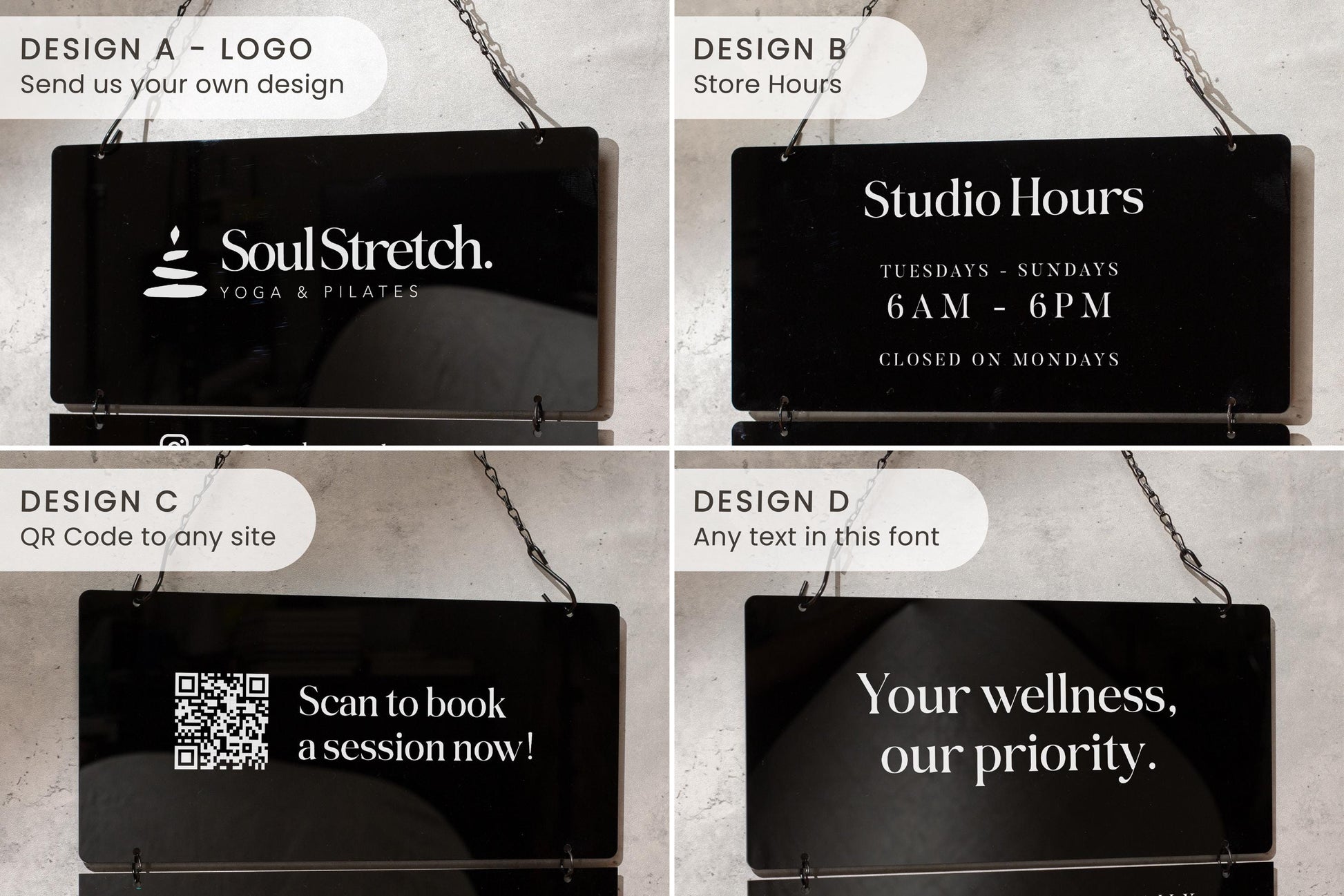 Black Interchangeable Hanging Storefront Sign D2 - Customizable Office Wall Door Building Business Retail Shop Contact Hours Menu Display